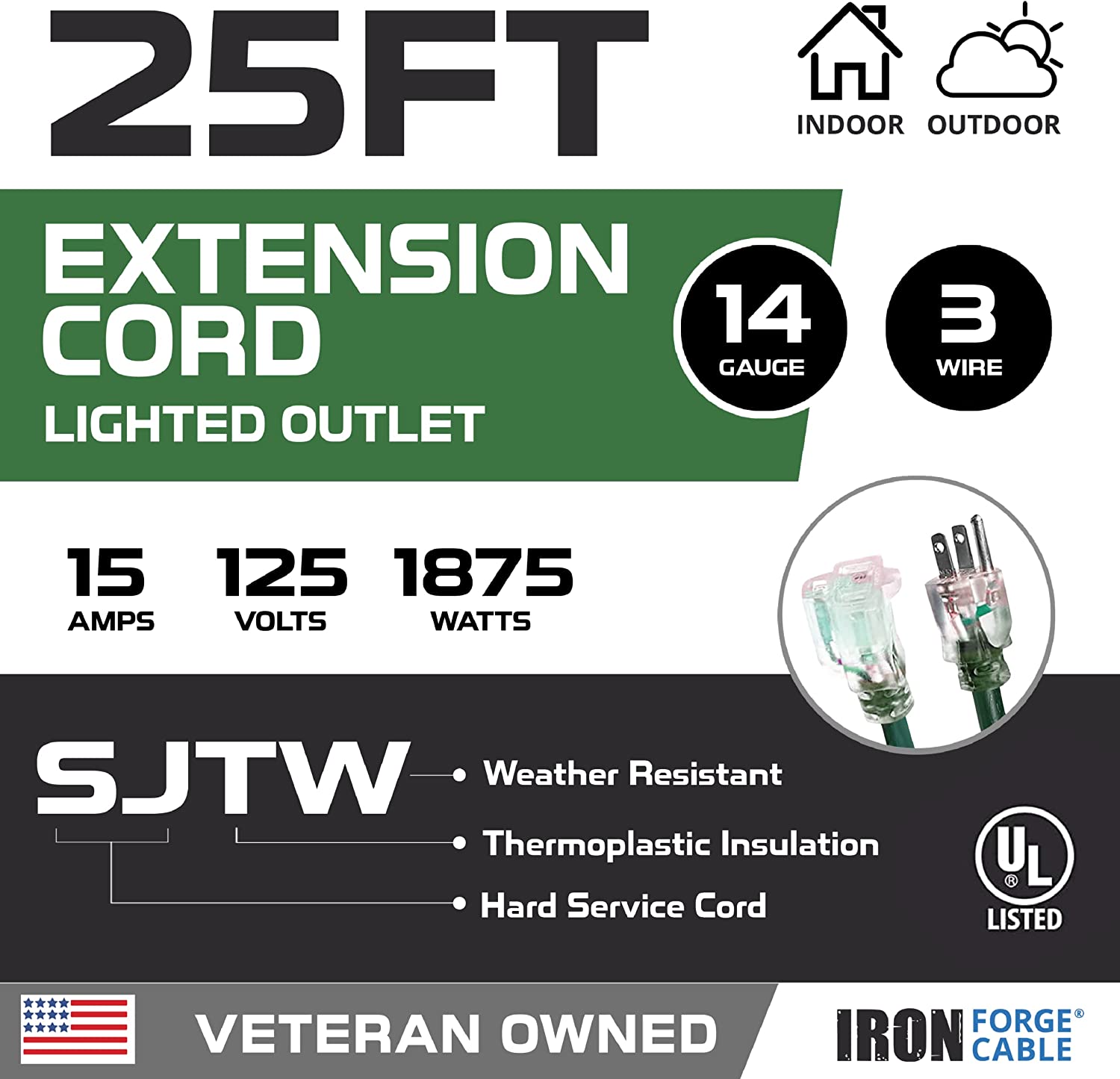 IRON FORGE CABLE, 25 Foot Lighted Outdoor Extension Cord - 14/3 SJTW Heavy Duty Green Extension Cable