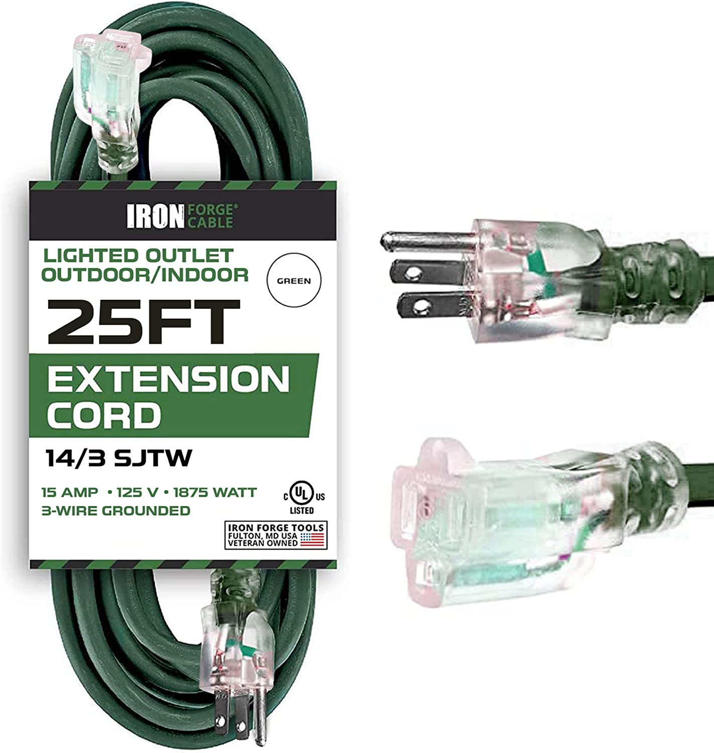 IRON FORGE CABLE, 25 Foot Lighted Outdoor Extension Cord - 14/3 SJTW Heavy Duty Green Extension Cable