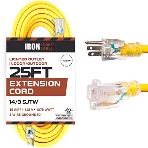 IRON FORGE CABLE, 25 Foot Lighted Outdoor Extension Cord - 14/3 SJTW Heavy Duty Yellow Extension Cable with 3 Prong Grounded Plug for Safety - Great for Garden and Major Appliances