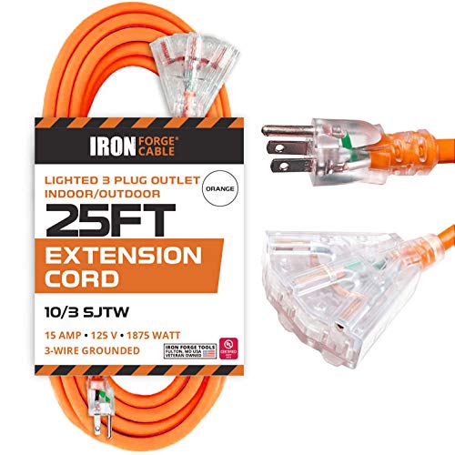 IRON FORGE CABLE, 25 Foot Lighted Outdoor Extension Cord with 3 Electrical Power Outlets - 10/3 SJTW Orange 10 Gauge Extension Cable with 3 Prong Grounded Plug for Safety