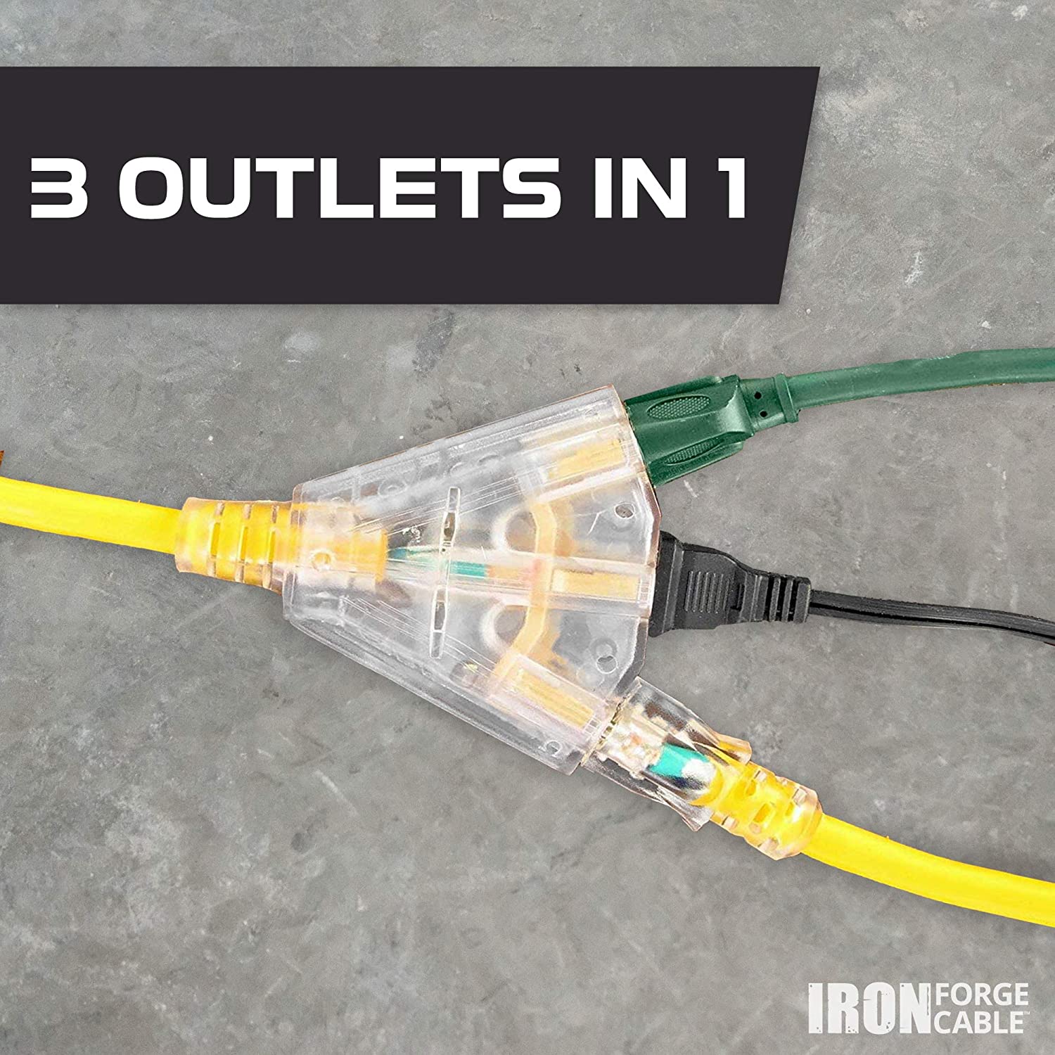 IRON FORGE CABLE, 25 Foot Lighted Outdoor Extension Cord with 3 Electrical Power Outlets - 10/3 SJTW Yellow 10 Gauge Extension Cable with 3 Prong Grounded Plug for Safety