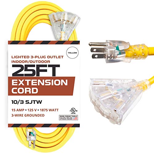 IRON FORGE CABLE, 25 Foot Lighted Outdoor Extension Cord with 3 Electrical Power Outlets - 10/3 SJTW Yellow 10 Gauge Extension Cable with 3 Prong Grounded Plug for Safety