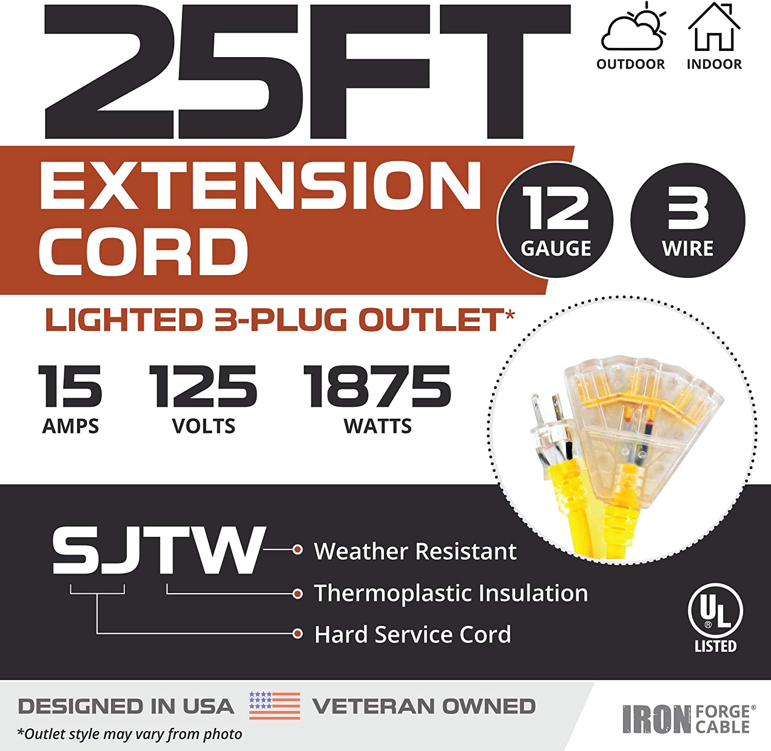 IRON FORGE CABLE, 25 Foot Lighted Outdoor Extension Cord with 3 Electrical Power Outlets - 12/3 SJTW Heavy Duty Yellow Extension Cable with 3 Prong Grounded Plug for Safety