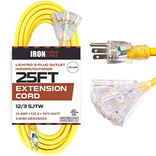 IRON FORGE CABLE, 25 Foot Lighted Outdoor Extension Cord with 3 Electrical Power Outlets - 12/3 SJTW Heavy Duty Yellow Extension Cable with 3 Prong Grounded Plug for Safety