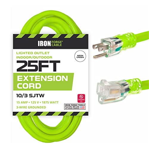 IRON FORGE CABLE, 25 Foot Outdoor Extension Cord - 10/3 SJTW Neon Green High Visibility 10 Gauge Extension Cable with 3 Prong Grounded Plug for Safety