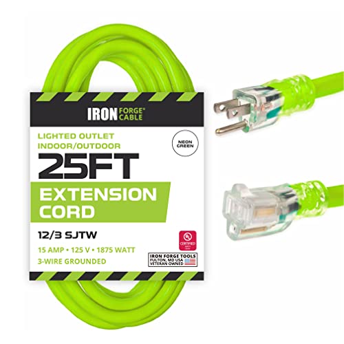 IRON FORGE CABLE, 25 Foot Outdoor Extension Cord - 12/3 SJTW Neon Green High Visibility 12 Gauge Lighted Extension Cable with 3 Prong Grounded Plug for Safety