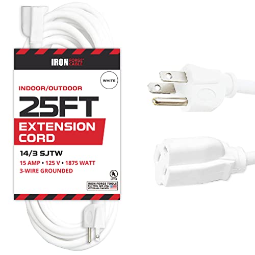 IRON FORGE CABLE, 25 Foot Outdoor Extension Cord - 14/3 SJTW Heavy Duty White Cable with 3 Prong Grounded Plug for Safety - Great for Garden and Major Appliances