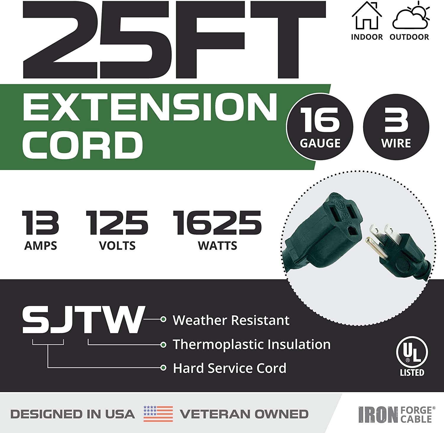 IRON FORGE CABLE, 25 Foot Outdoor Extension Cord - 16/3 SJTW Durable Green Extension Cable with 3 Prong Grounded Plug for Safety - Great for Garden and Major Appliances