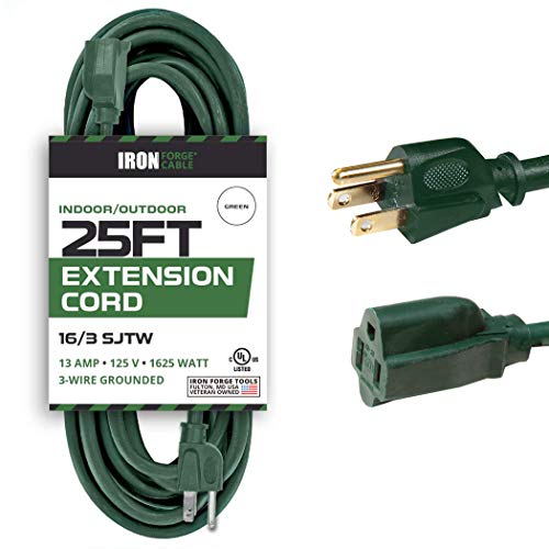 IRON FORGE CABLE, 25 Foot Outdoor Extension Cord - 16/3 SJTW Durable Green Extension Cable with 3 Prong Grounded Plug for Safety - Great for Garden and Major Appliances