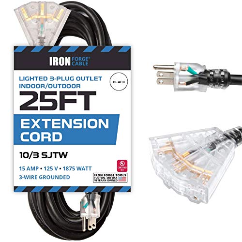 IRON FORGE CABLE, 25 Foot Outdoor Extension Cord with 3 Electrical Power Outlets - 10/3 SJTW Black 10 Gauge Extension Cable with 3 Prong Grounded Plug for Safety