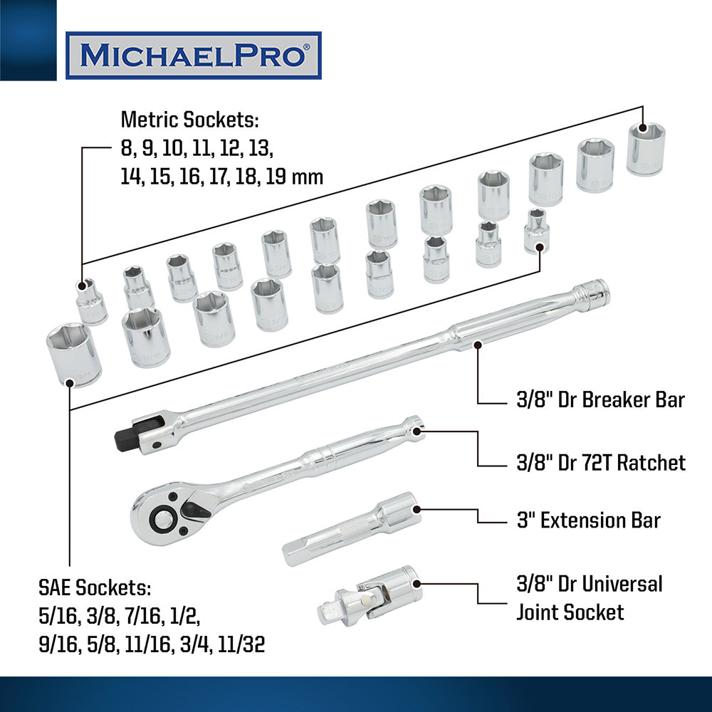 MichaelPro, 25-Piece 3/8" Drive Breaker Bar, Ratchet and Socket Set (MP001215)