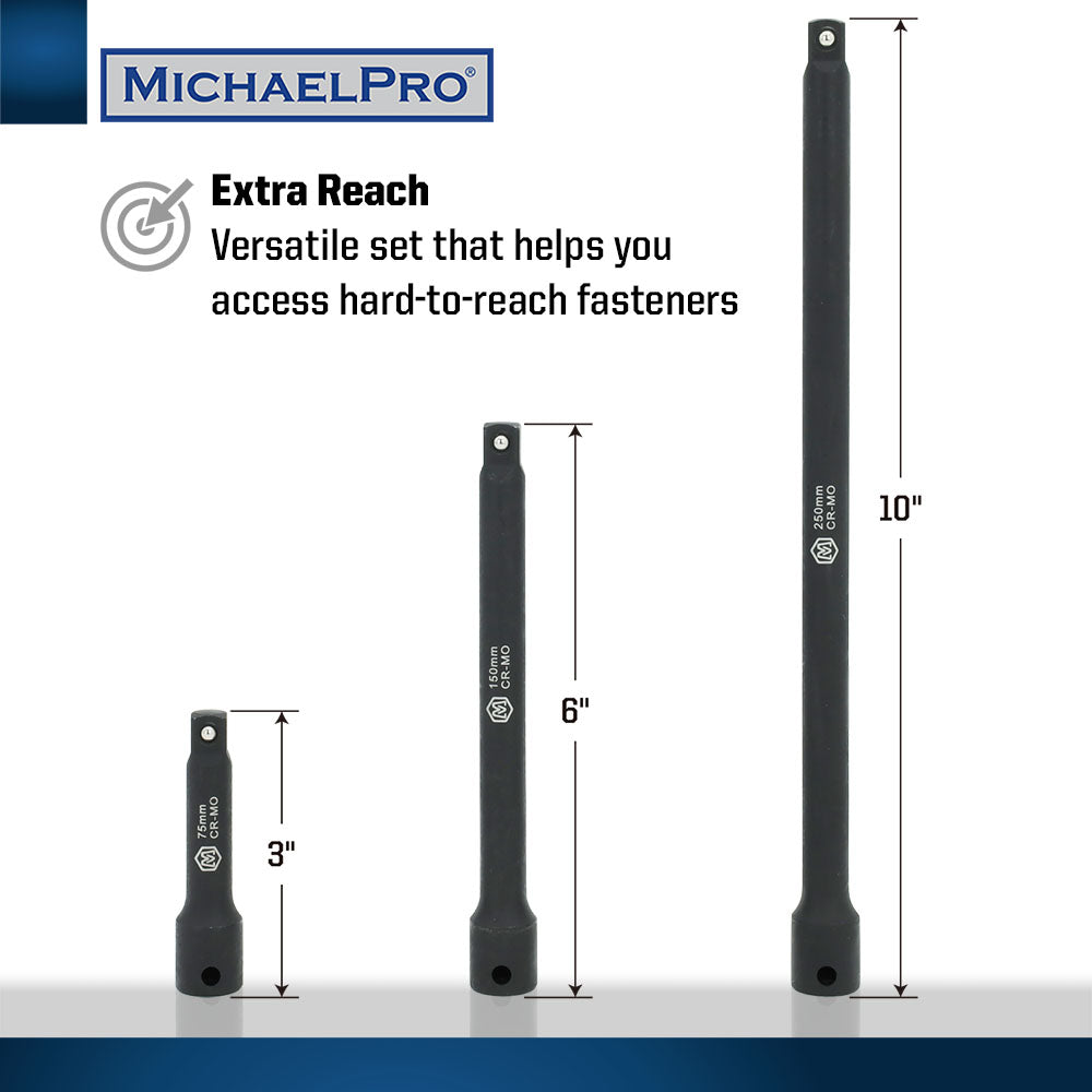 MichaelPro, 3/8" Drive Impact Extension Bar Set- 3”, 6”, 10” (MP005040)