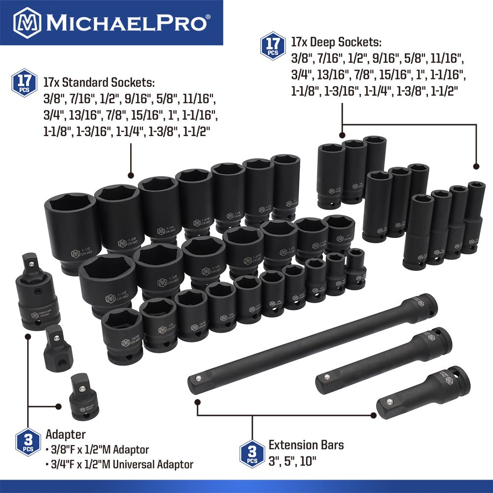 MichaelPro, 40-Piece 1/2" Drive Impact Socket Set In Standard SAE Sizes (MP005033)