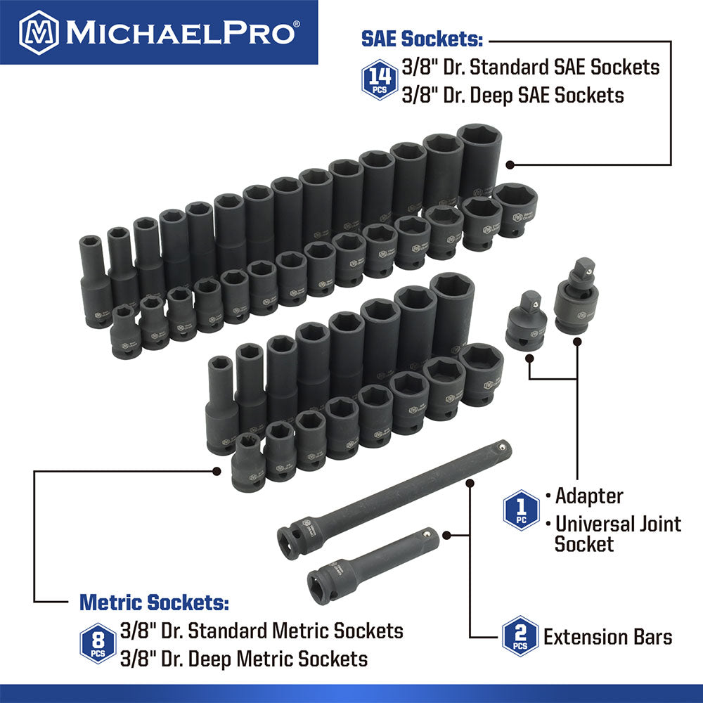 MichaelPro, 48-Piece 3/8"Drive Impact Socket Set in Standard SAE and Metric Sizes (MP005035)