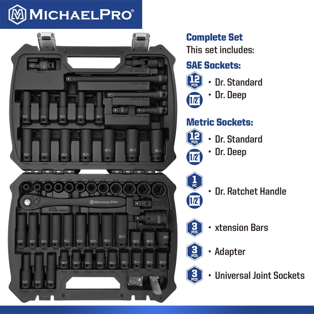 MichaelPro, 60-Piece 1/2"Drive Impact Socket Set in Standard SAE & Metric Sizes (MP005034)