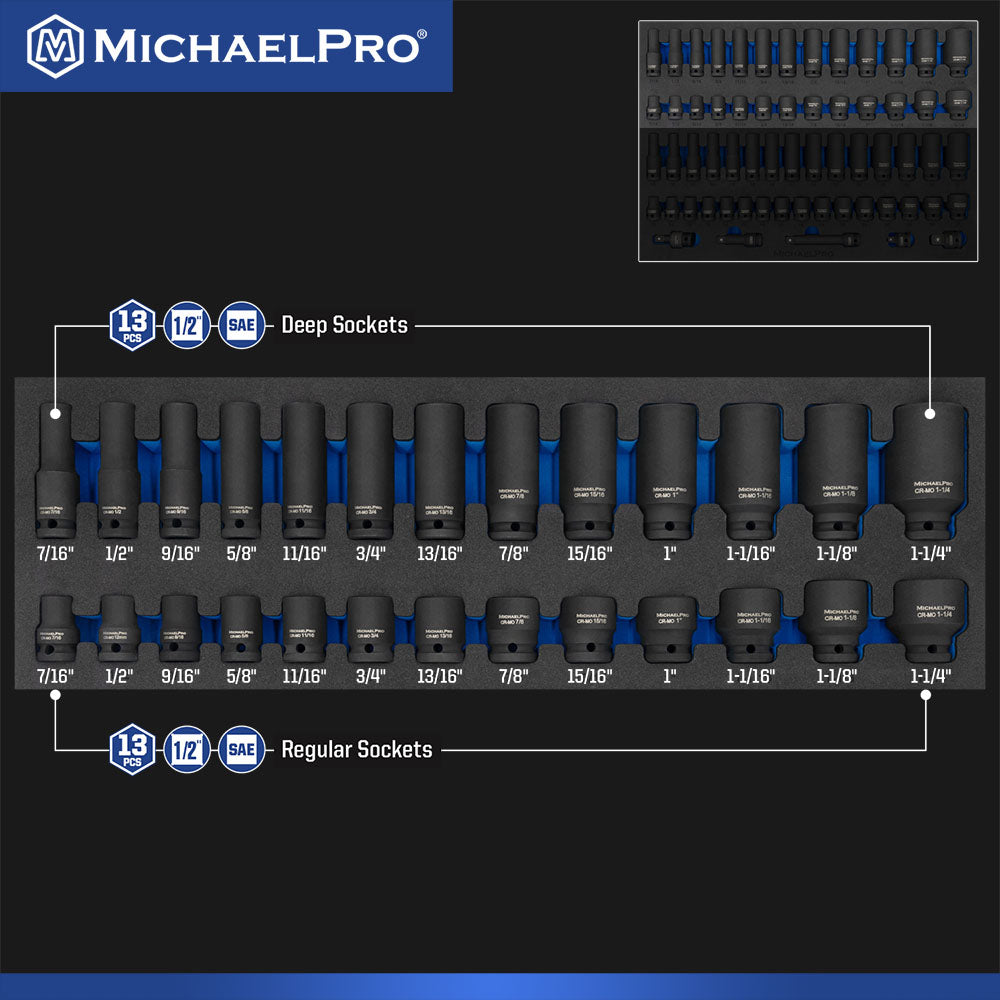 MichaelPro, 63 Pieces 1/2-Inch Drive Impact Socket Set Metric & SAE (MP005005)