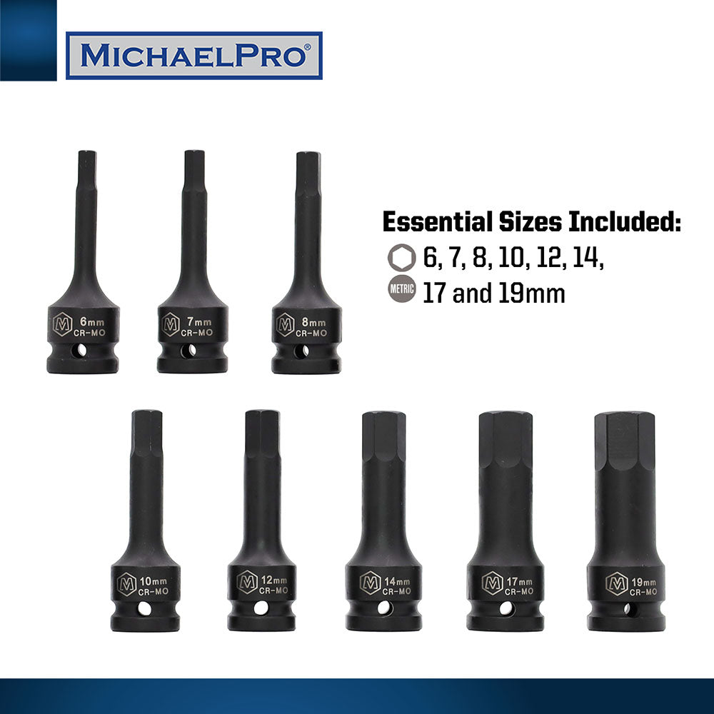 MichaelPro, 8-Piece 1/2” Drive Hex Bit Socket Set in Metric Sizes (MP005027)