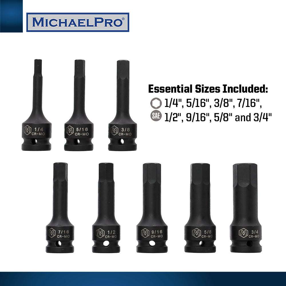 MichaelPro, 8-Piece 1/2” Drive Hex Bit Socket Set in Standard SAE Sizes (MP005028)