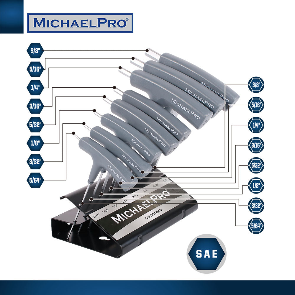 MichaelPro, 8-Piece Two-Way T-Handle Allen Wrench Set in Standard SAE Sizes with Storage Stand (MP001045B)