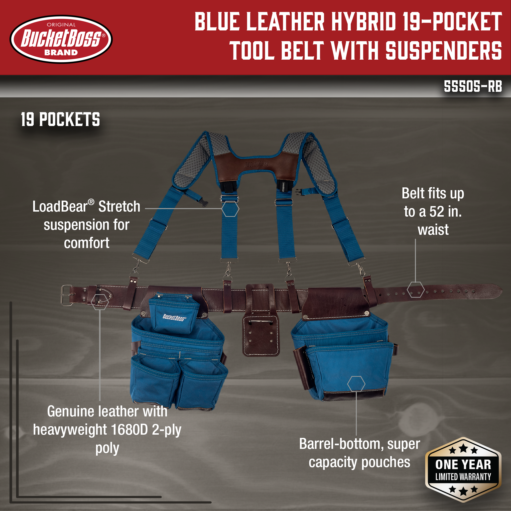 Bucket Boss, Blue Leather Hybrid 19-Pocket Suspension Rig