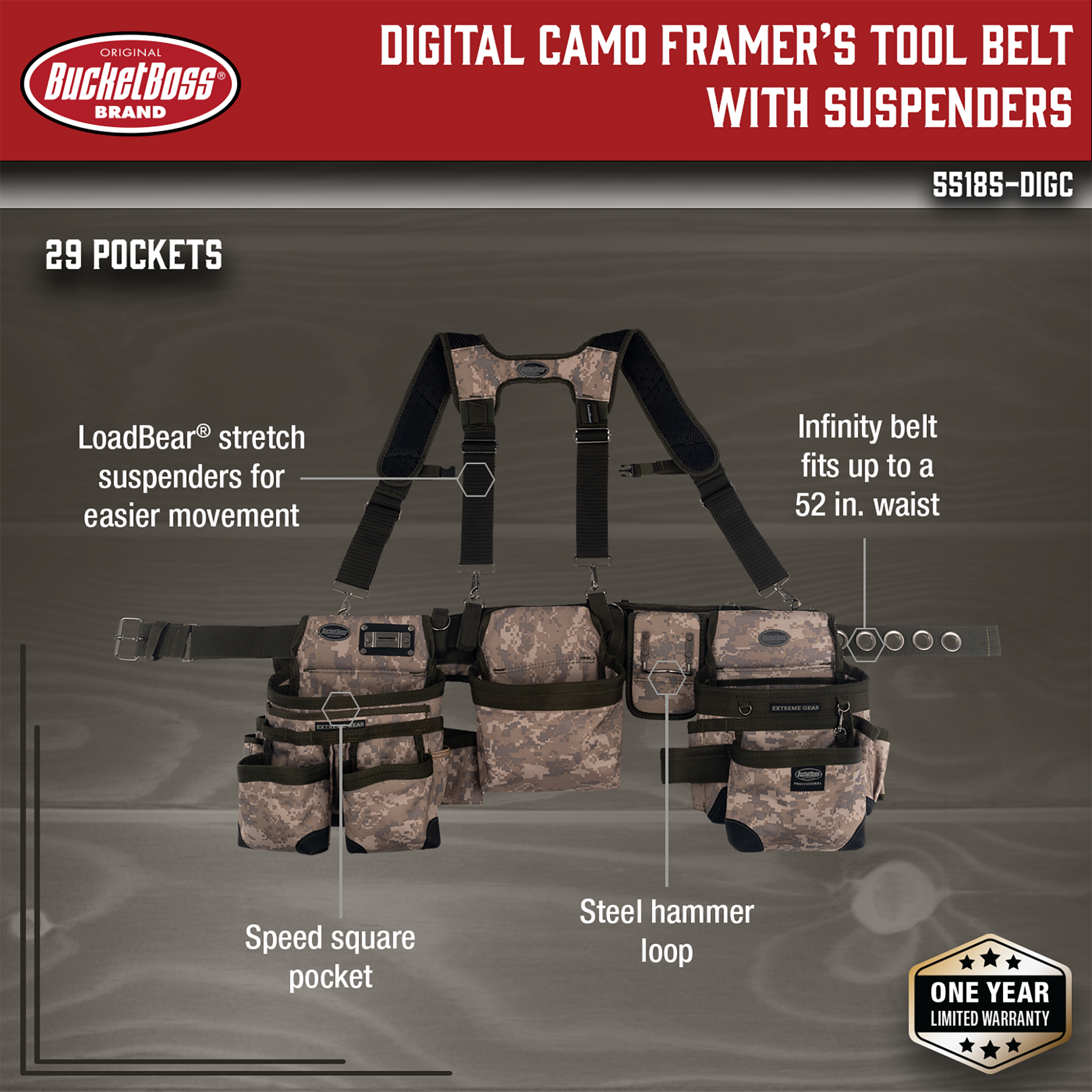 Bucket Boss, Digital Camo Framer's Tool Belt with Suspenders