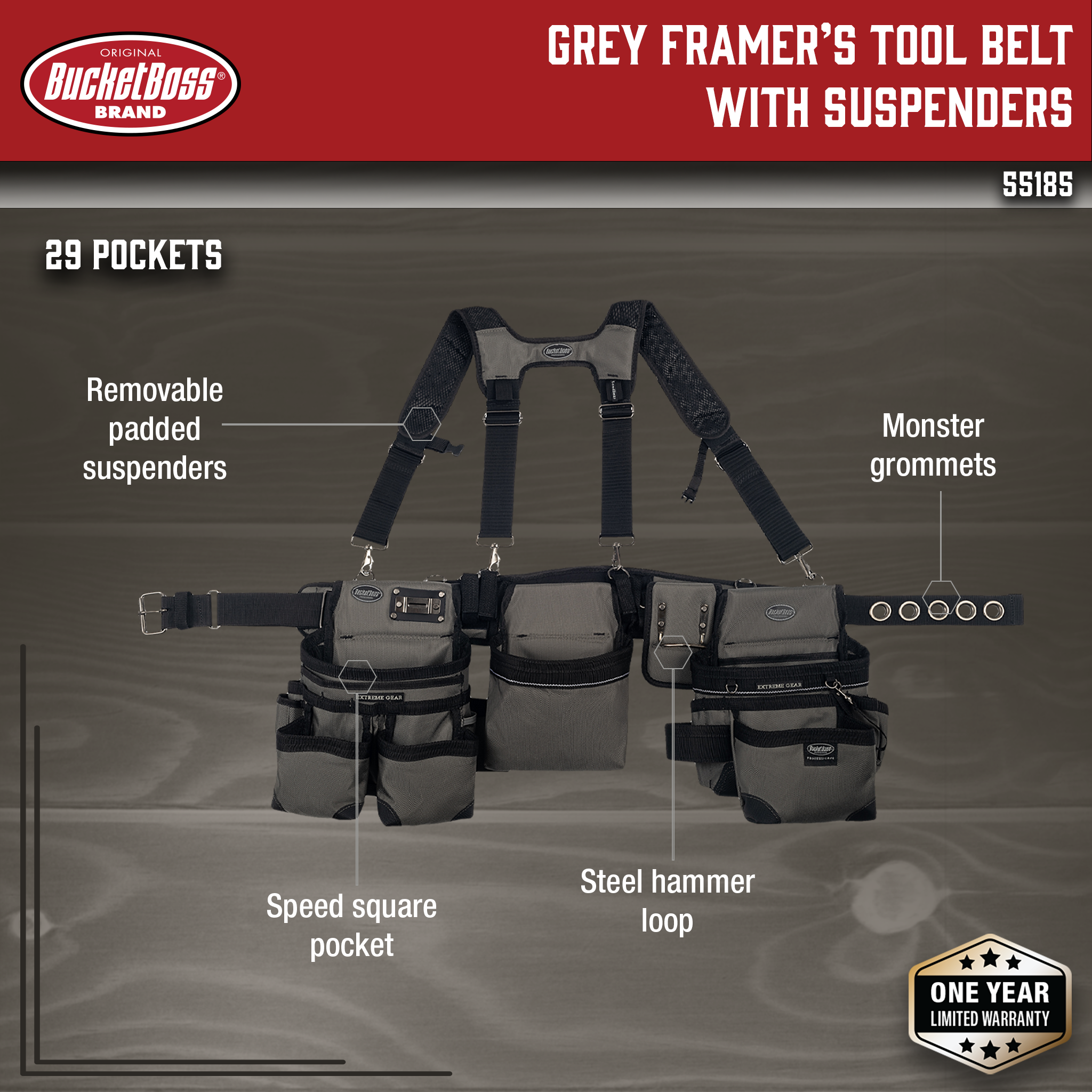 Bucket Boss, Grey Framer's Tool Belt with Suspenders