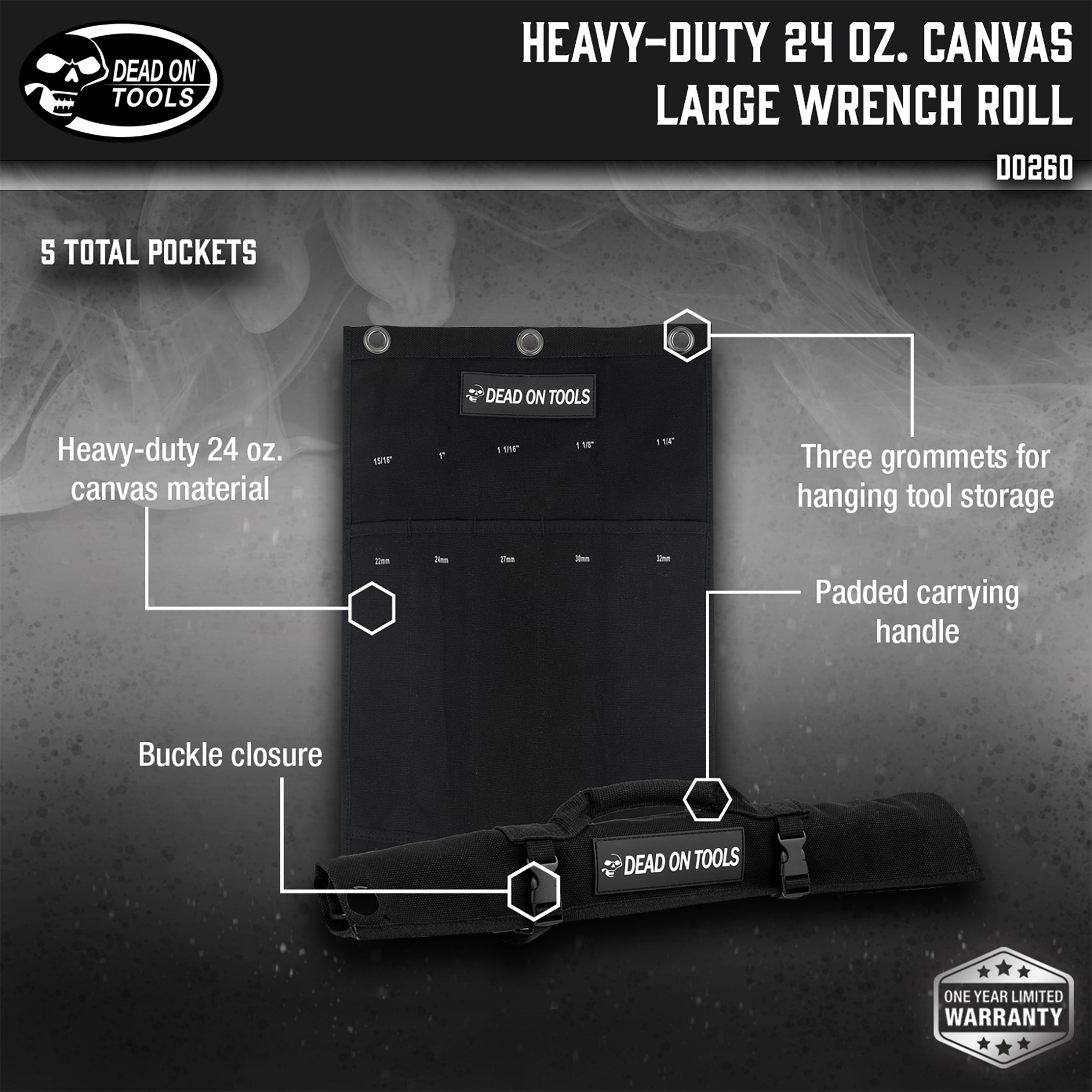 Dead On Tools, Heavy-Duty 24 oz. Canvas Large Wrench Roll