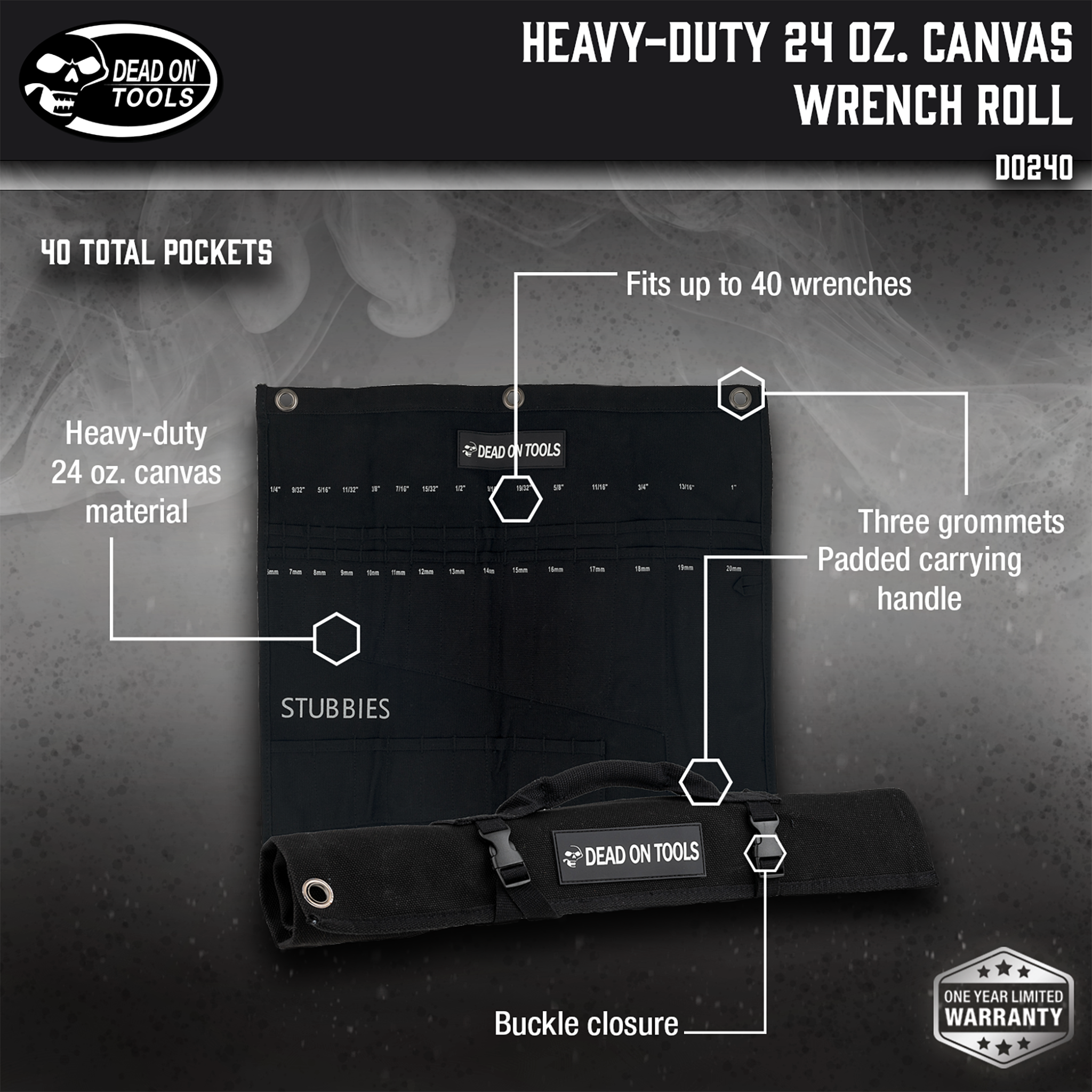 Dead On Tools, Heavy-Duty 24 oz. Canvas Wrench Roll