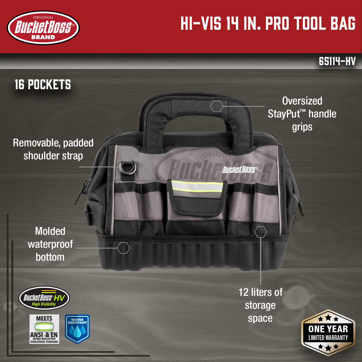 Bucket Boss, Hi-Vis 14" Pro Tool Bag