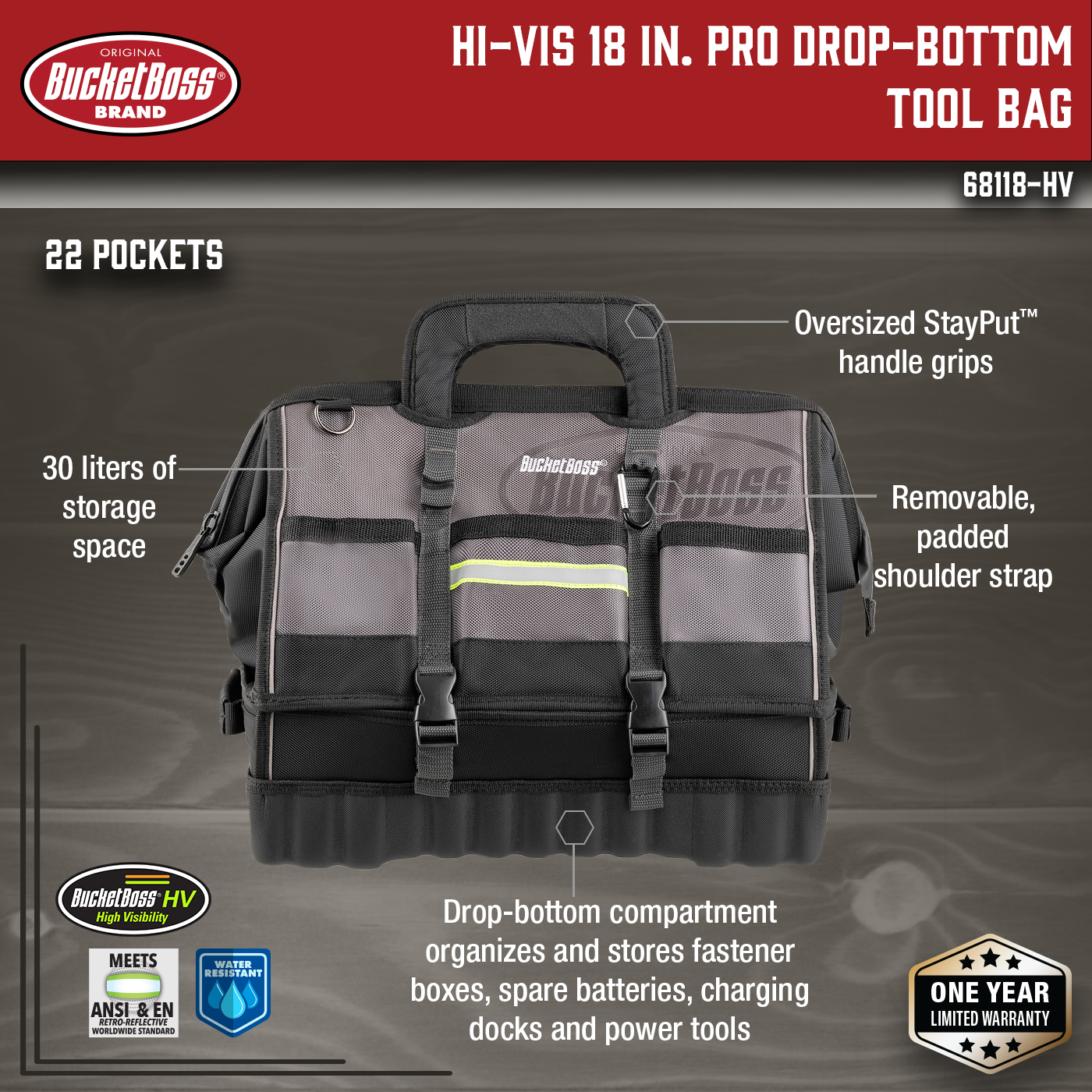 Bucket Boss, Hi-Vis 18" Pro Drop-Bottom Tool Bag