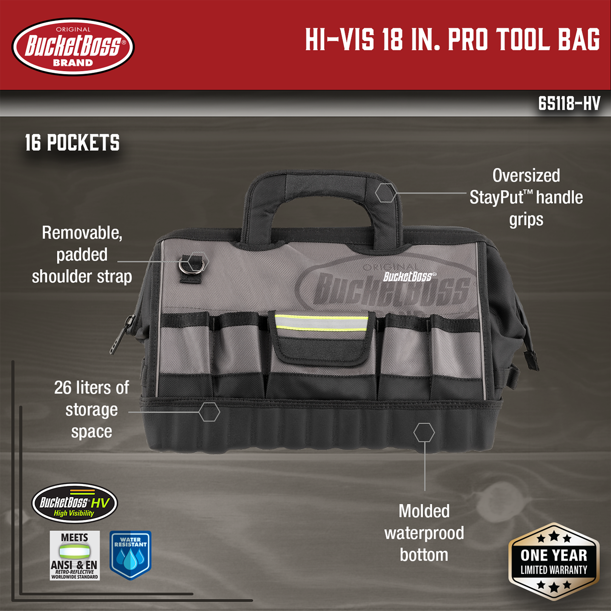 Bucket Boss, Hi-Vis 18" Pro Tool Bag