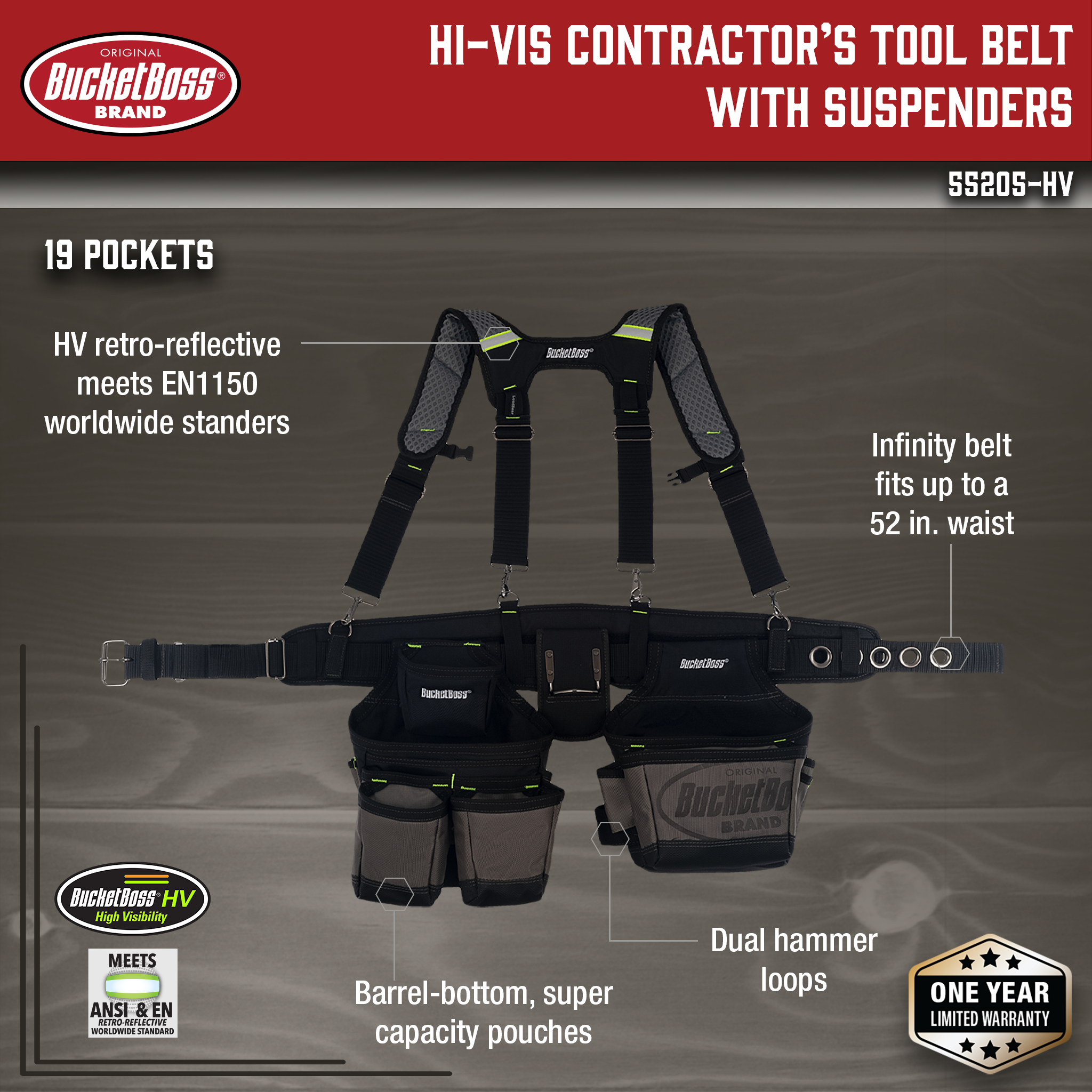 Bucket Boss, Hi-Vis Contractor's Tool Belt with Suspenders