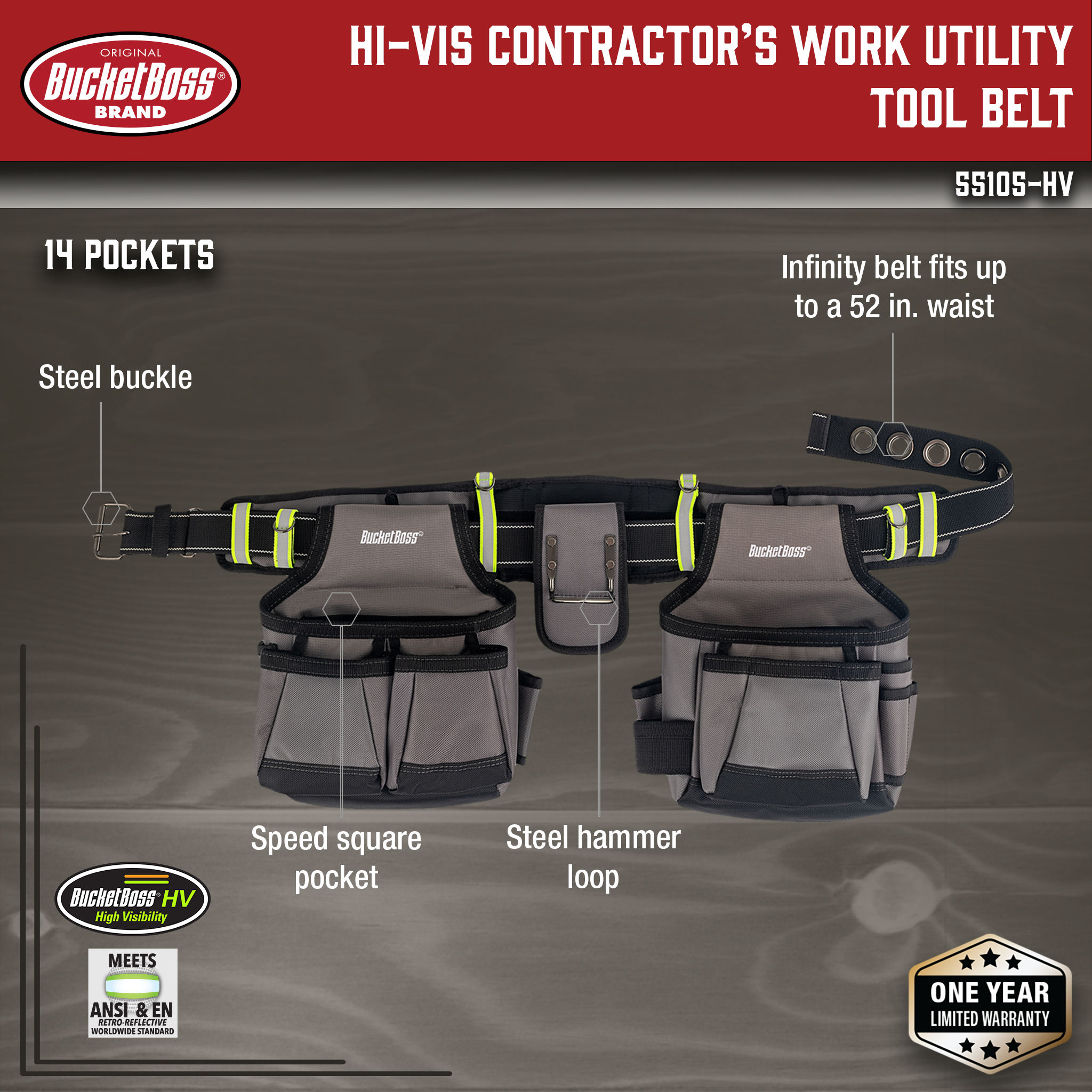 Bucket Boss, Hi-Vis Contractor's Work Utility Tool Belt