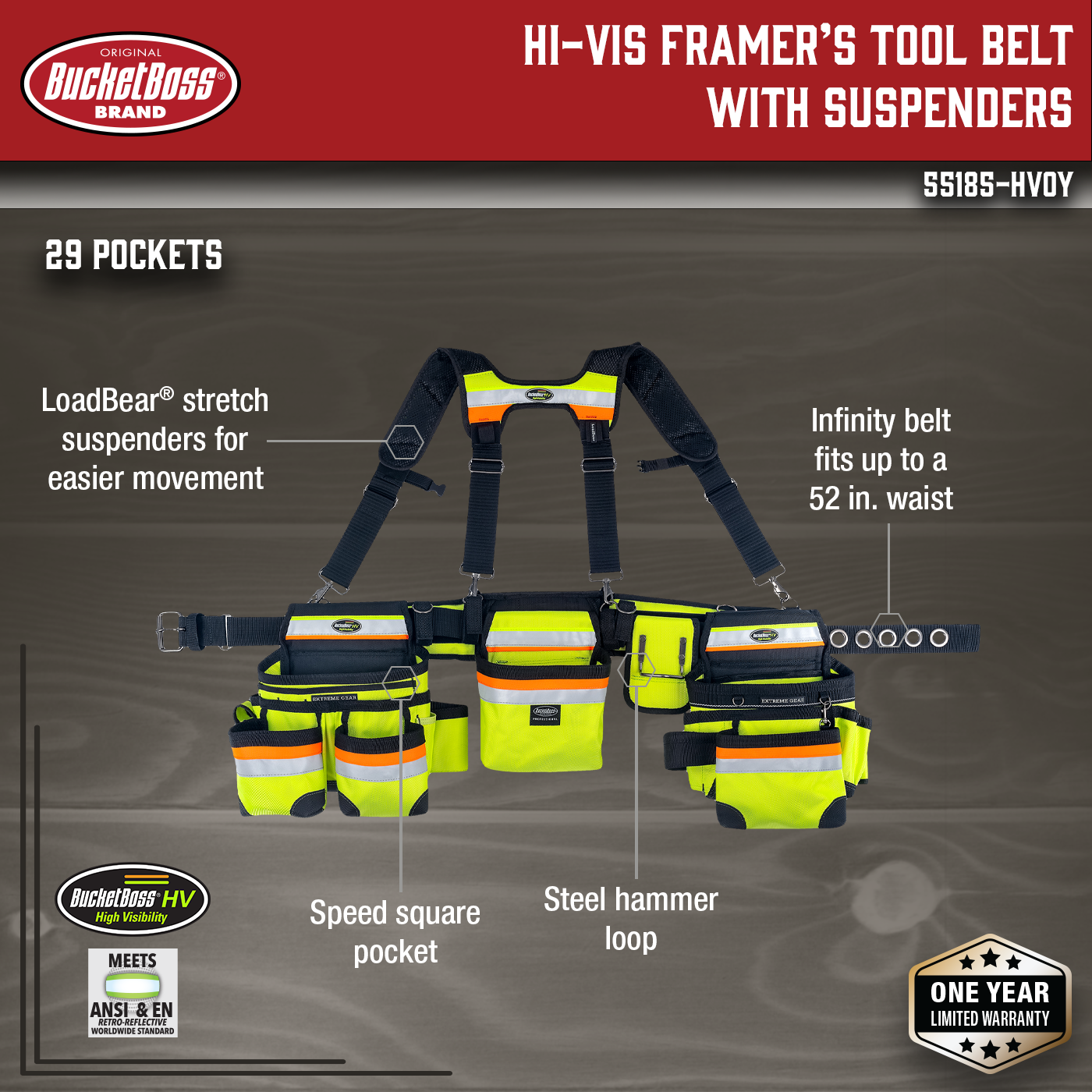 Bucket Boss, Hi-Vis Framer's Tool Belt with Suspenders