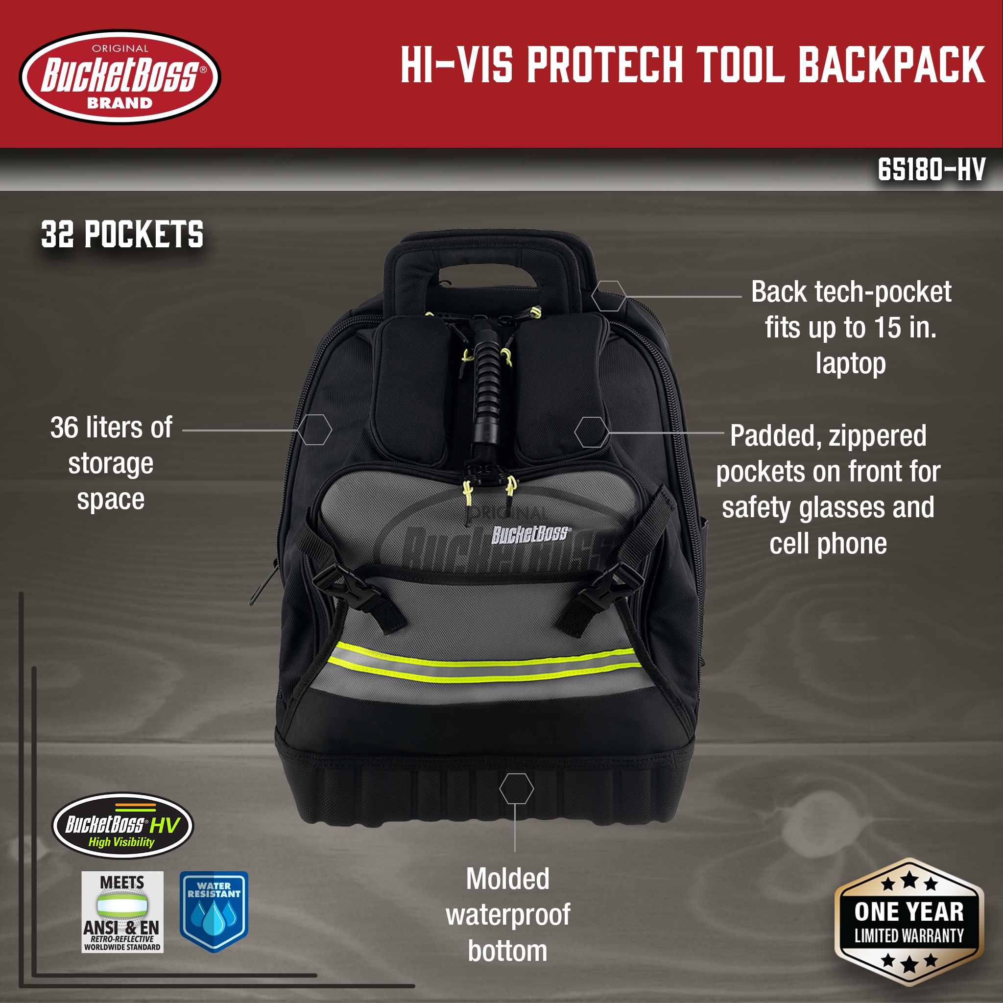 Bucket Boss, Hi-Vis ProTech Tool Backpack