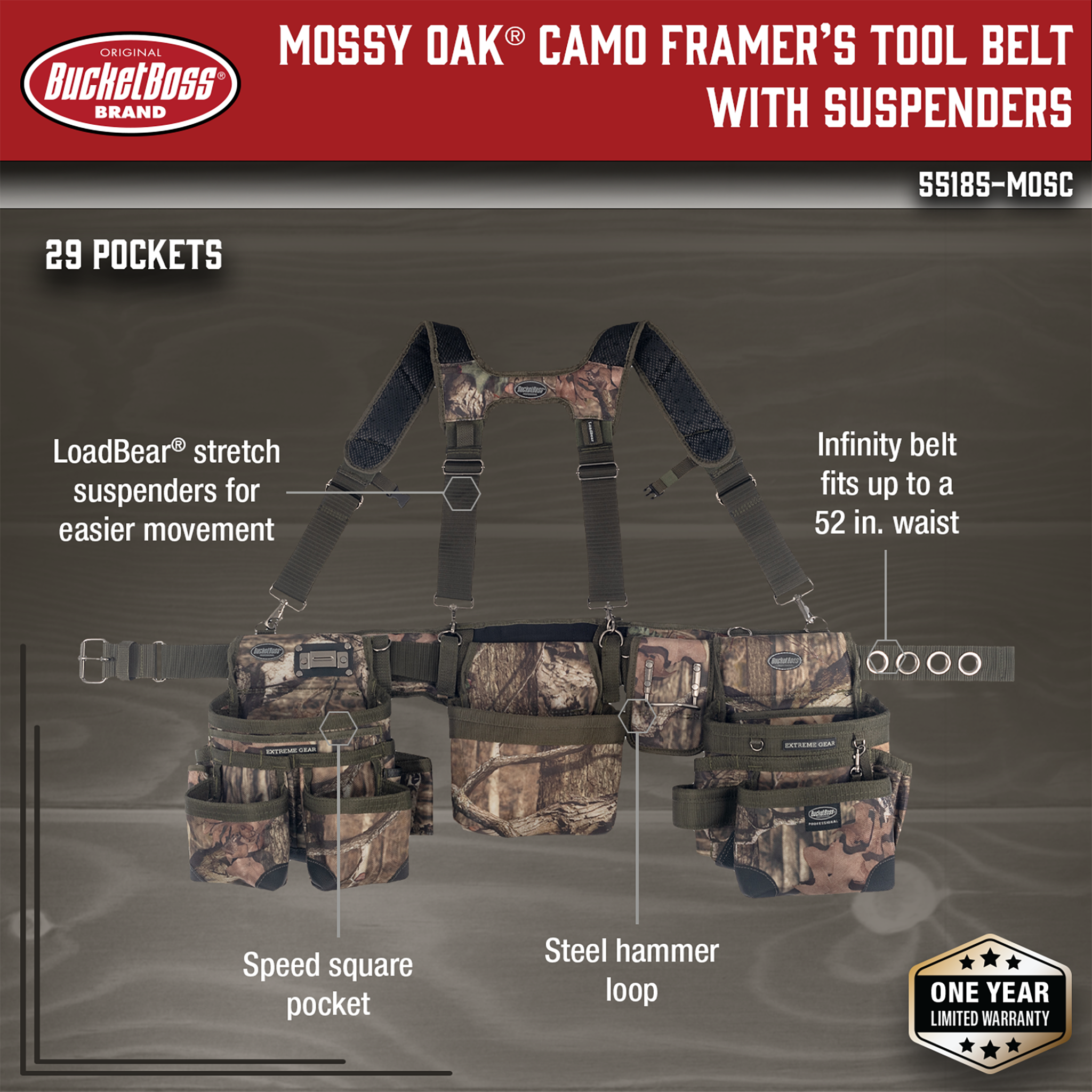 Bucket Boss, Mossy Oak® Camo Framer's Tool Belt with Suspenders