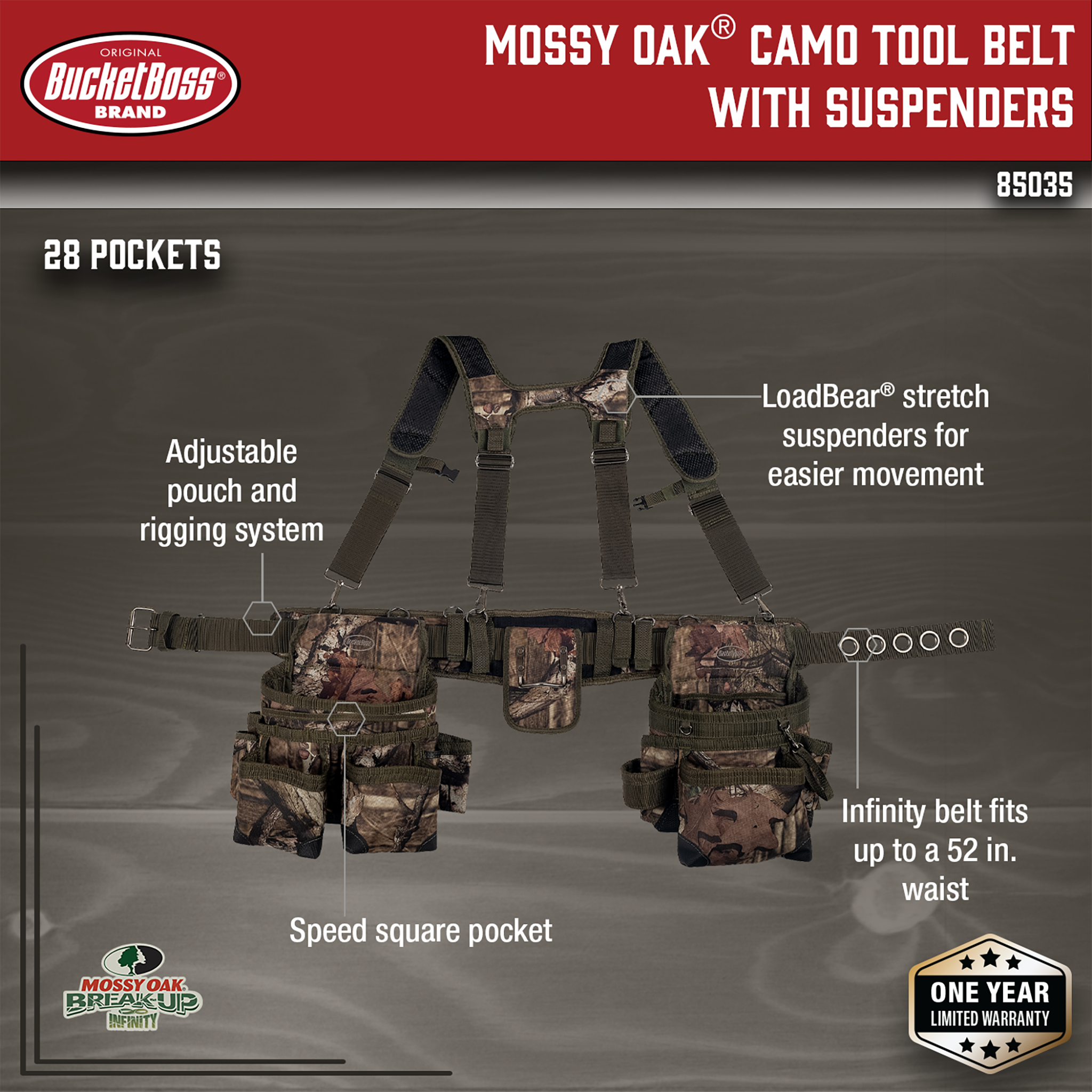 Bucket Boss, Mossy Oak® Camo Tool Belt with Suspenders