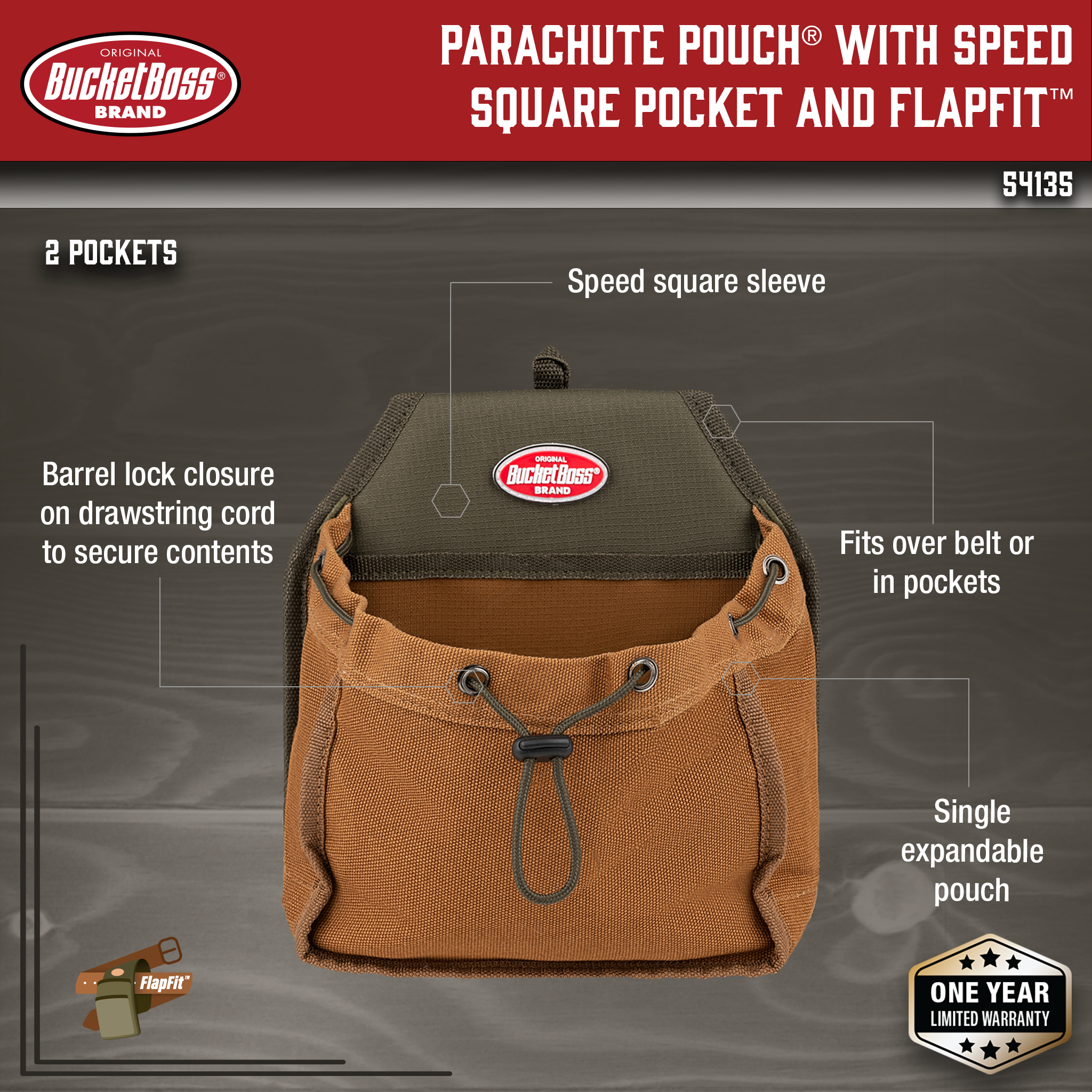 Bucket Boss, Parachute Pouch® with Speed Square Pocket and FlapFit