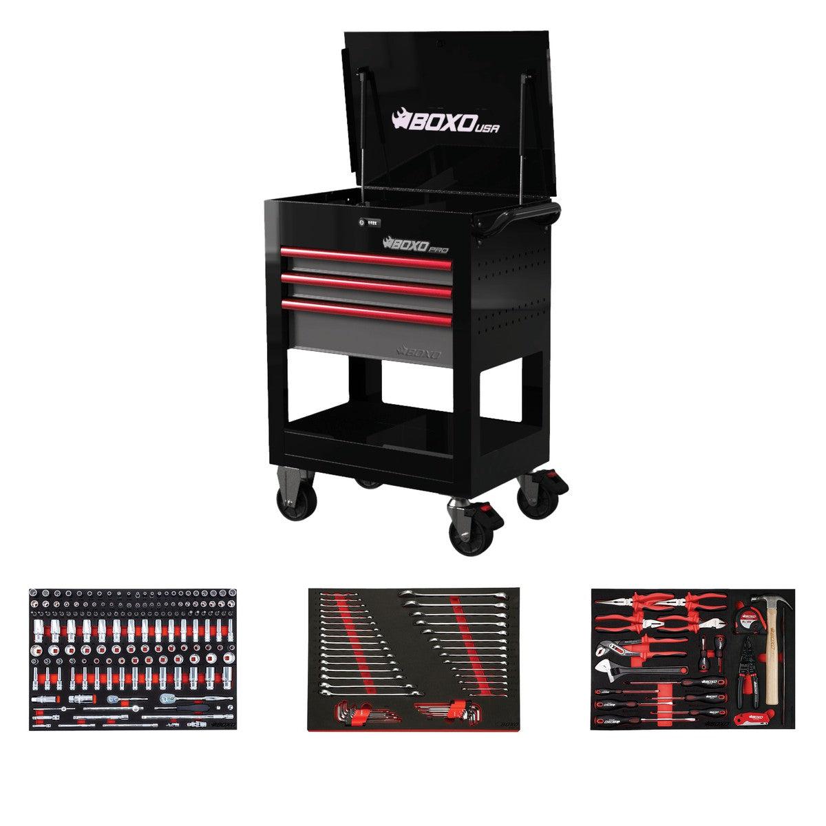 BoxoUSA, Pro Series = Loaded 28" 3-Drawer Flip Top Service Cart Tool Box