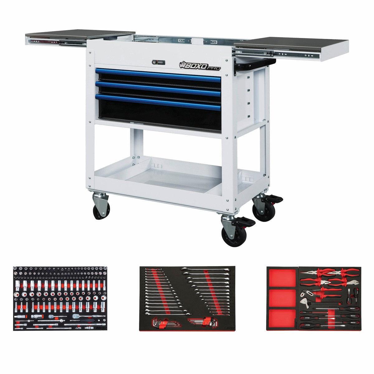 BoxoUSA, Pro Series = Loaded 35" 3-Drawer Slide-Top Service Cart Tool Box