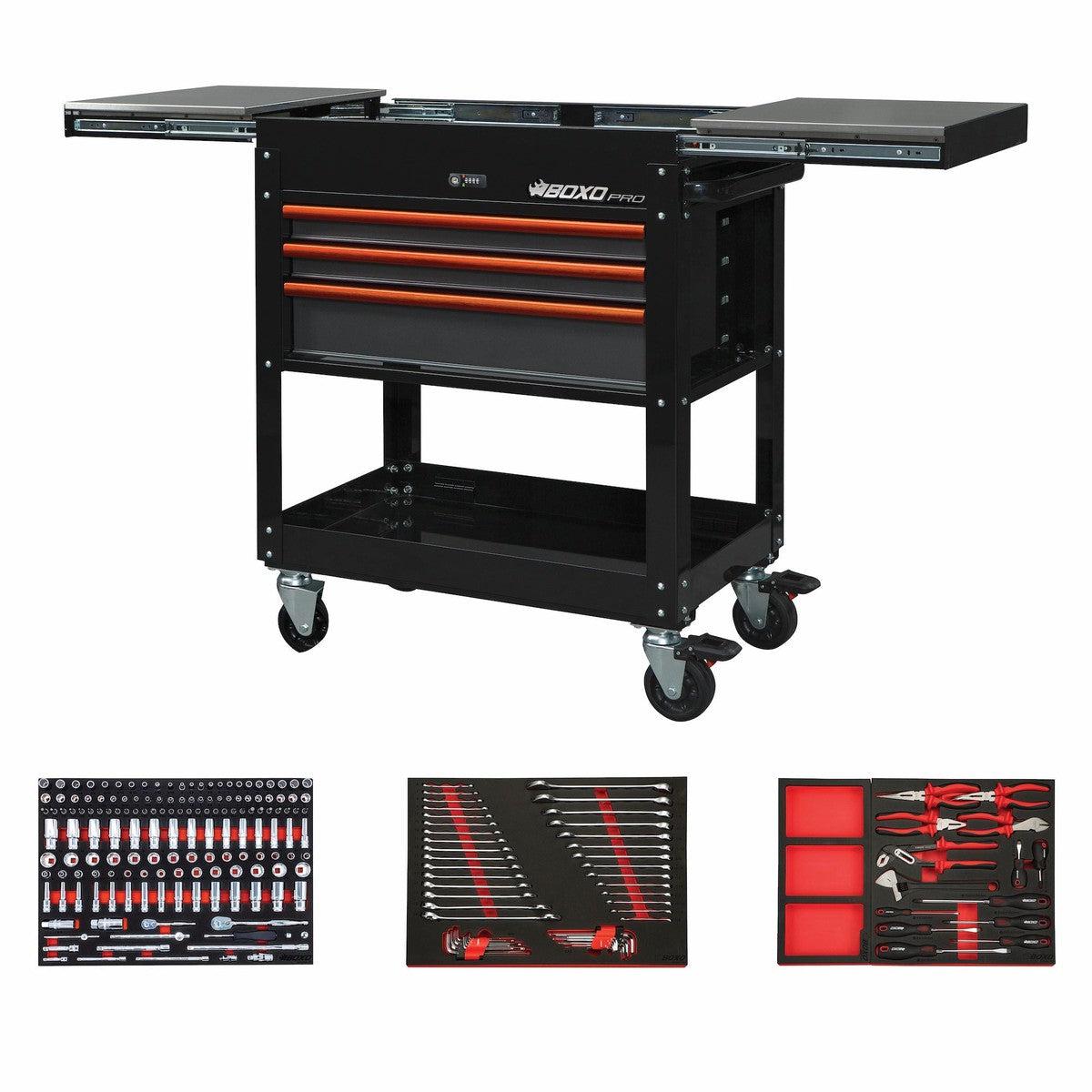 BoxoUSA, Pro Series = Loaded 35" 3-Drawer Slide-Top Service Cart Tool Box