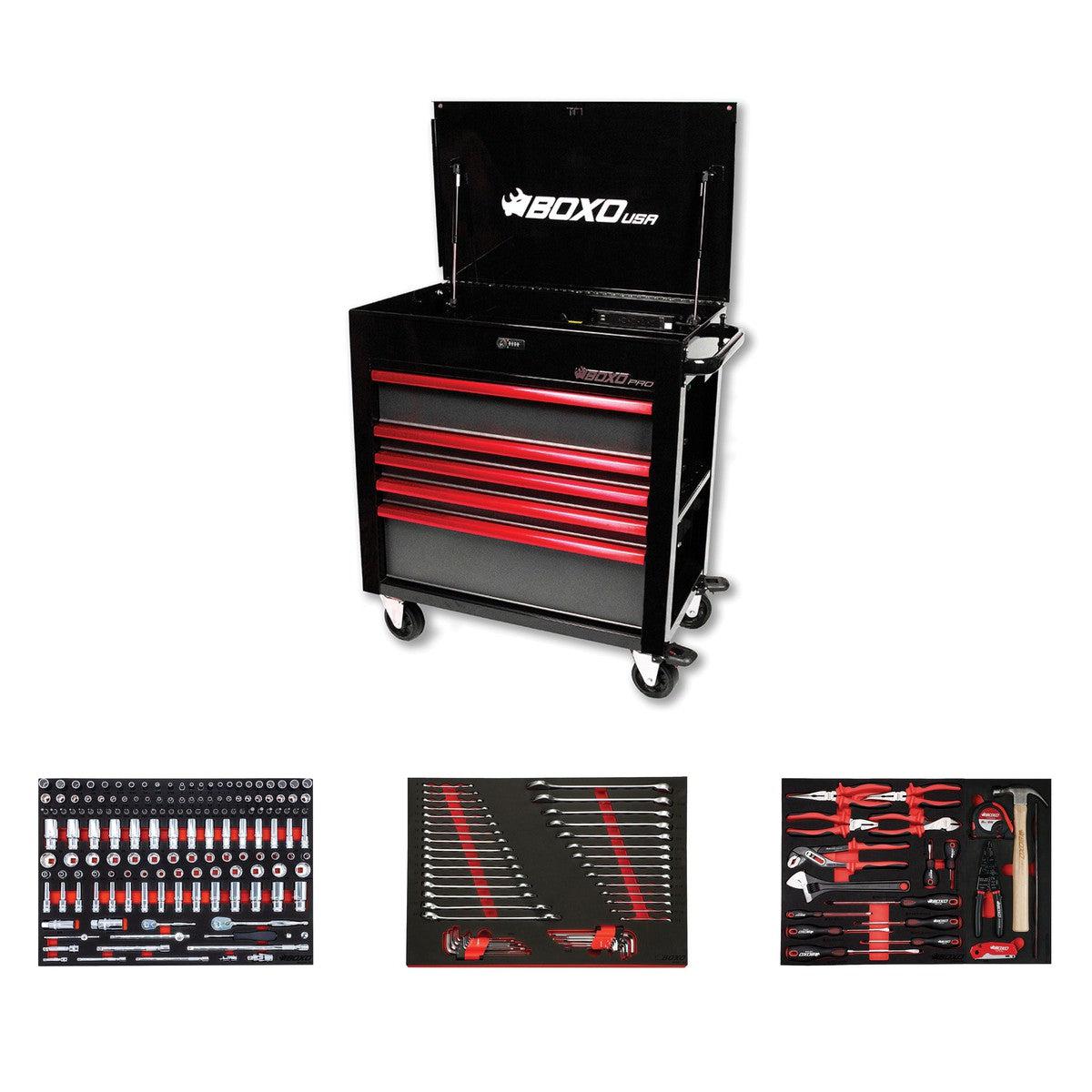 BoxoUSA, Pro Series = Loaded 35" 5-Drawer Flip-Top Service Cart Tool Box