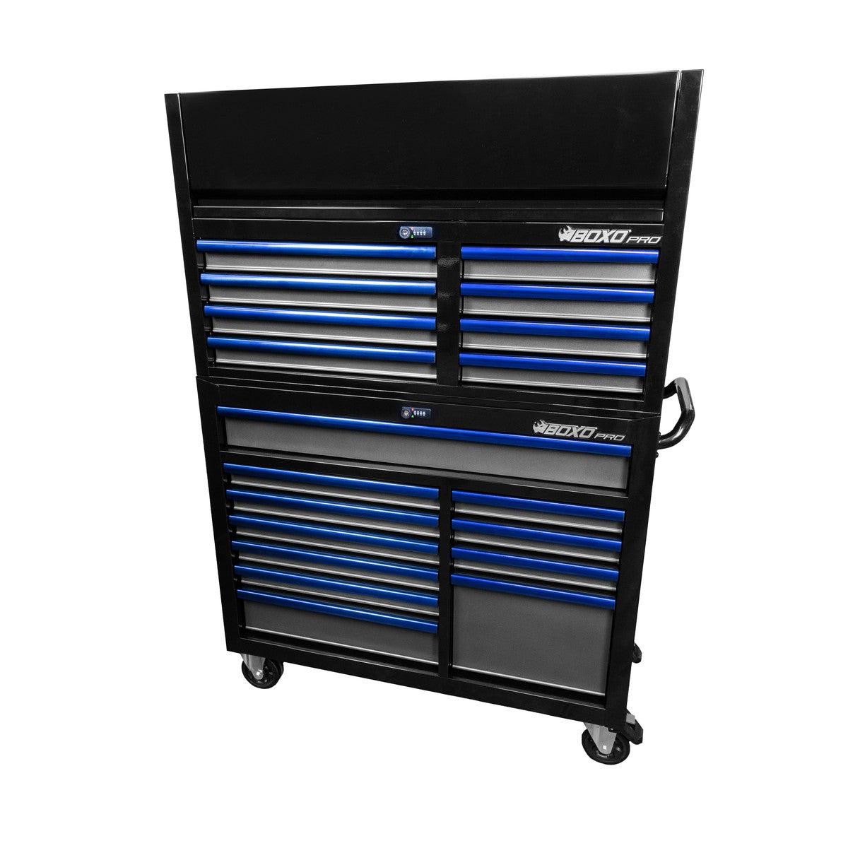 BoxoUSA, Pro Series = Loaded 45" 19-Drawer Rolling Tool Box = Black and Blue