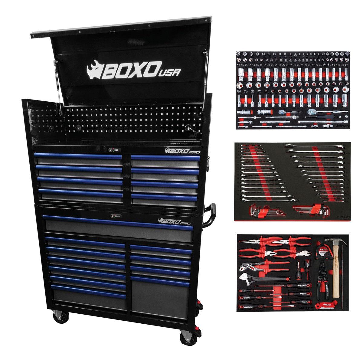 BoxoUSA, Pro Series = Loaded 45" 19-Drawer Rolling Tool Box = Black and Blue