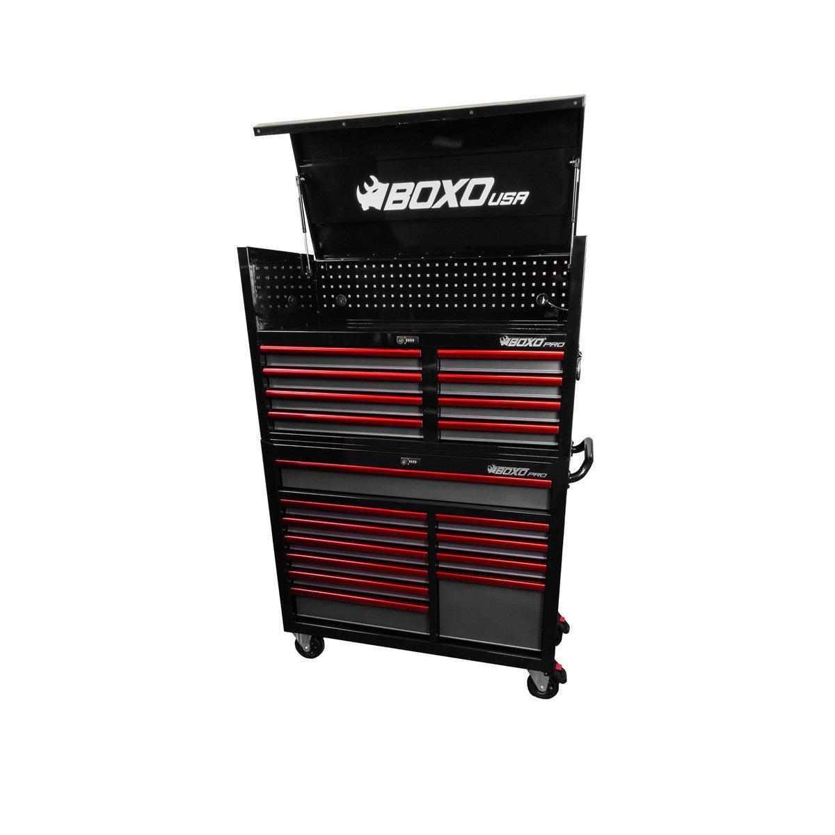 BoxoUSA, Pro Series = Loaded 45" 19-Drawer Rolling Tool Box = Black and Red