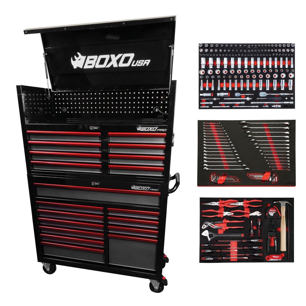 BoxoUSA, Pro Series = Loaded 45" 19-Drawer Rolling Tool Box = Black and Red