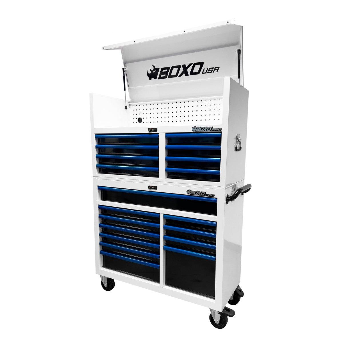 BoxoUSA, Pro Series = Loaded 45" 19-Drawer Rolling Tool Box = White and Blue