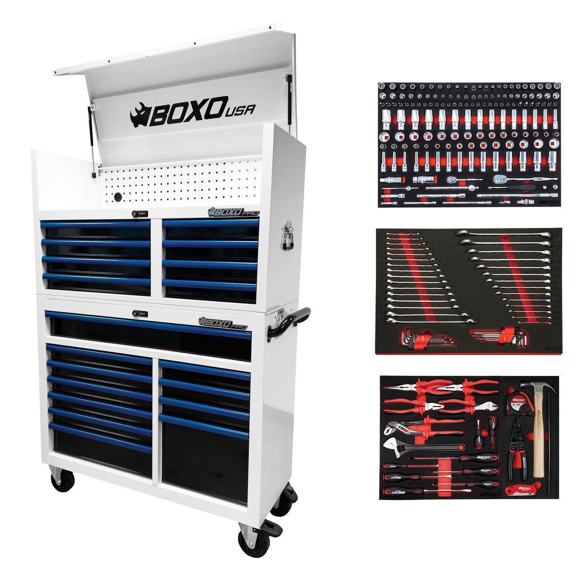 BoxoUSA, Pro Series = Loaded 45" 19-Drawer Rolling Tool Box = White and Blue