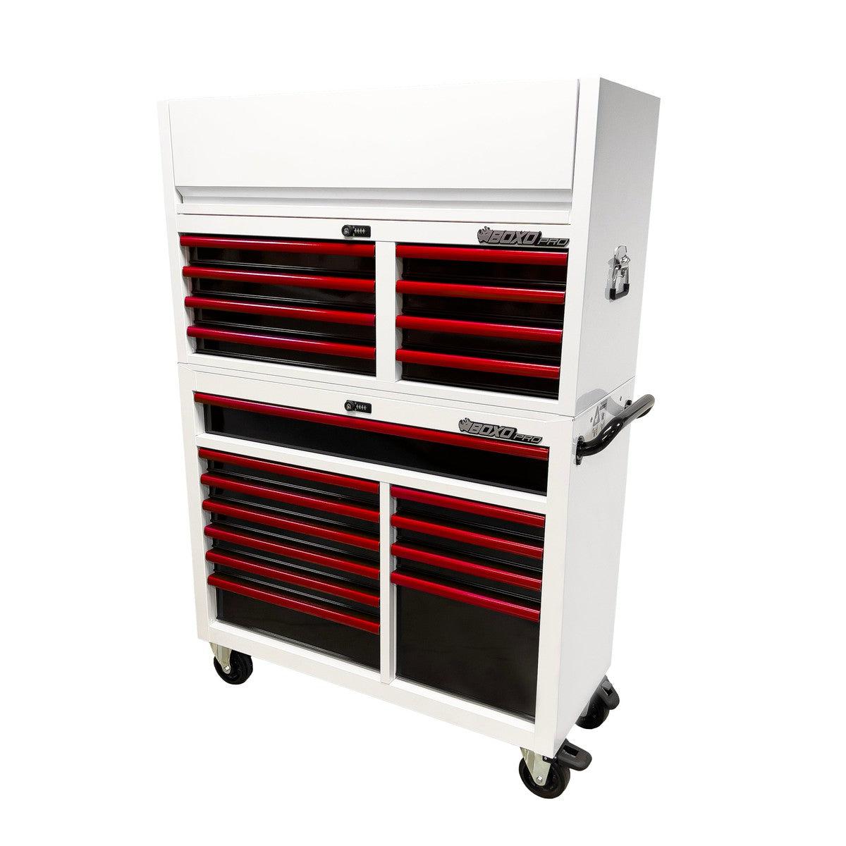 BoxoUSA, Pro Series = Loaded 45" 19-Drawer Rolling Tool Box = White and Red