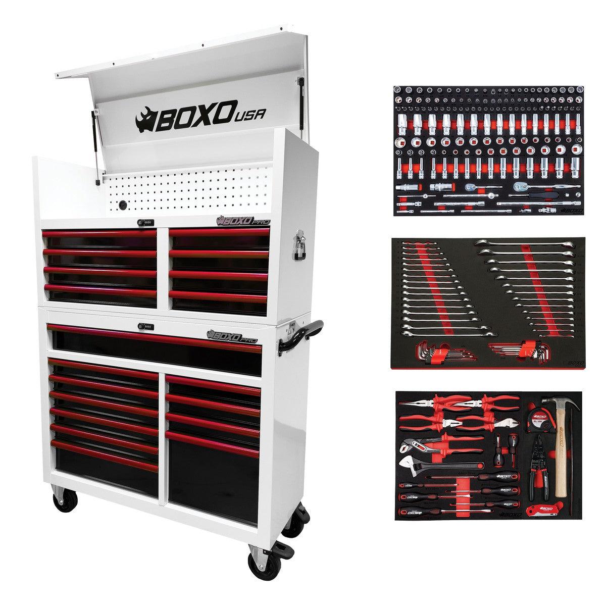 BoxoUSA, Pro Series = Loaded 45" 19-Drawer Rolling Tool Box = White and Red